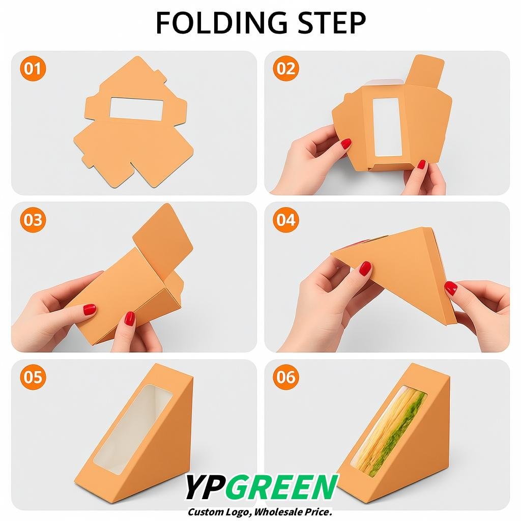 Apricot Triangle Paper Sandwich Boxes with Window 4.7x4.7x2.6 Inch - Factory Direct