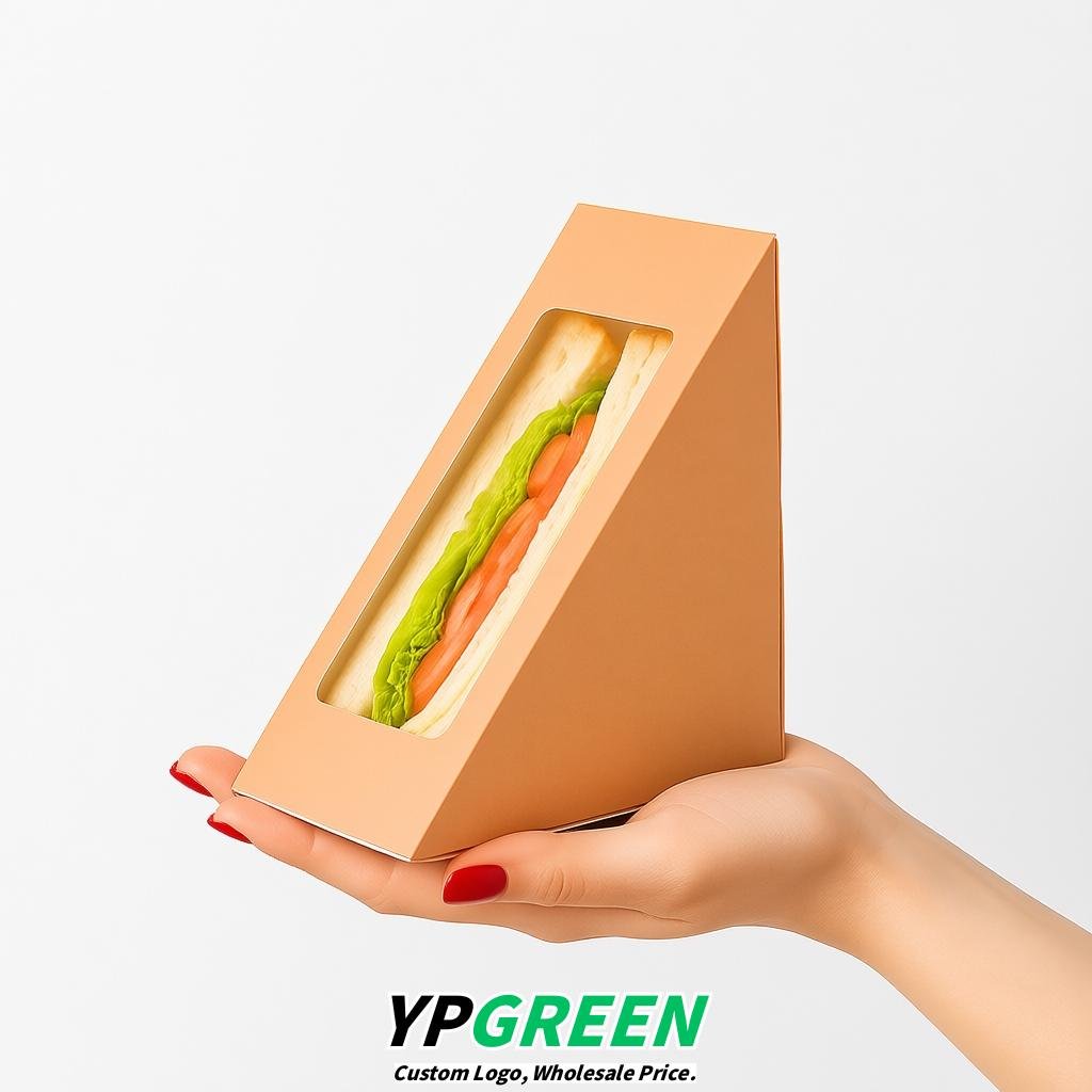 Apricot Triangle Paper Sandwich Boxes with Window 4.7x4.7x2.6 Inch - Factory Direct