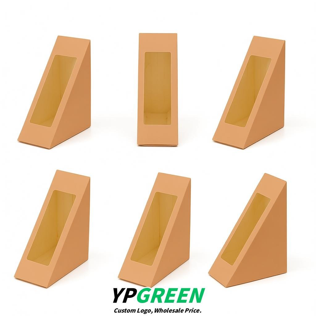 Apricot Triangle Paper Sandwich Boxes with Window 4.7x4.7x2.6 Inch - Factory Direct