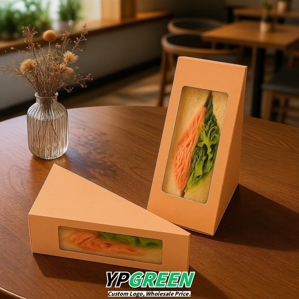 Apricot Triangle Paper Sandwich Boxes with Window 4.7x4.7x2.6 Inch - Factory Direct