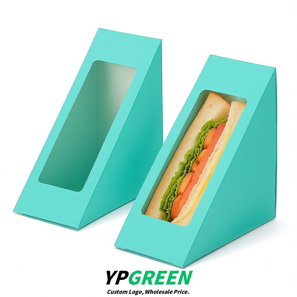 Aquamarine Triangle Paper Sandwich Boxes with Window 4.7x4.7x2.6 Inch - Factory Direct