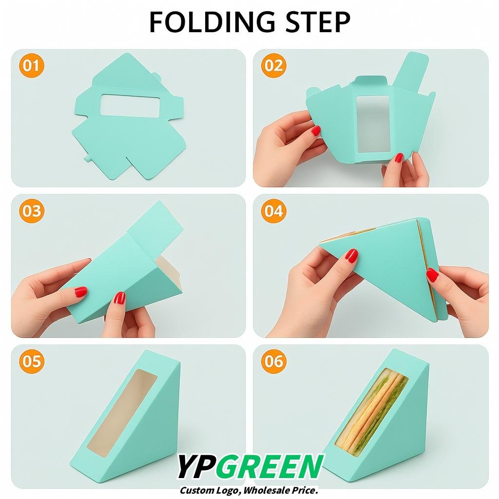 Aquamarine Triangle Paper Sandwich Boxes with Window 4.7x4.7x2.6 Inch - Factory Direct