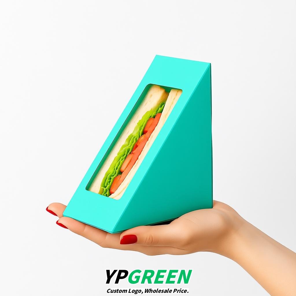 Aquamarine Triangle Paper Sandwich Boxes with Window 4.7x4.7x2.6 Inch - Factory Direct