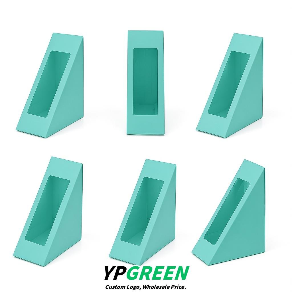 Aquamarine Triangle Paper Sandwich Boxes with Window 4.7x4.7x2.6 Inch - Factory Direct