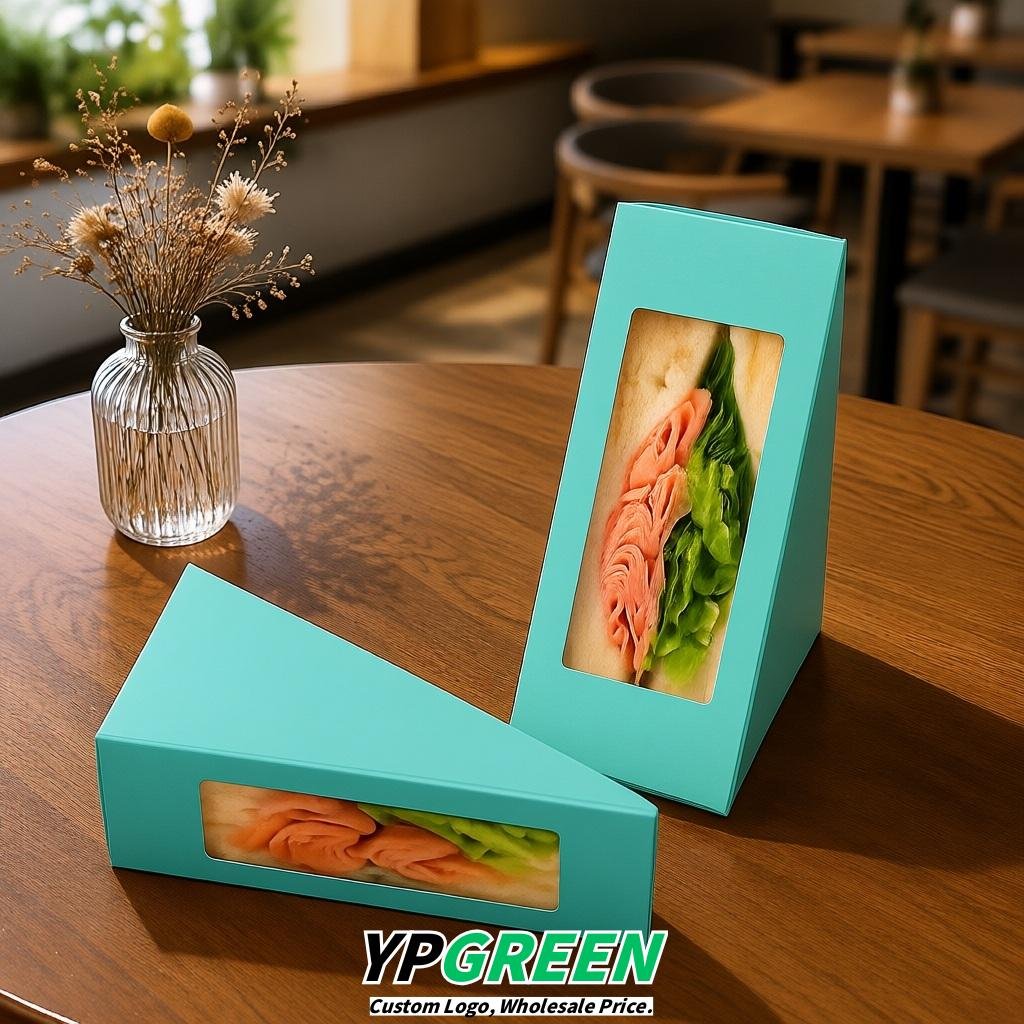 Aquamarine Triangle Paper Sandwich Boxes with Window 4.7x4.7x2.6 Inch - Factory Direct