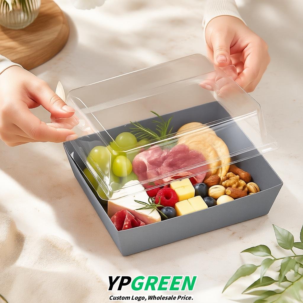 Aurora Gray Charcuterie Boxes with Clear Lids - 4 inches & 5 inches Disposable Paper Square Food Containers