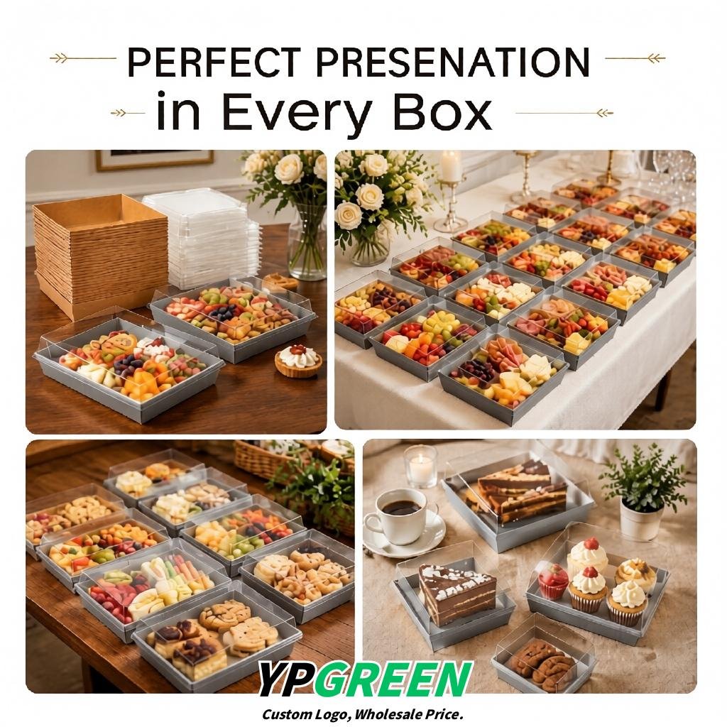 Aurora Gray Charcuterie Boxes with Clear Lids - 4 inches & 5 inches Disposable Paper Square Food Containers
