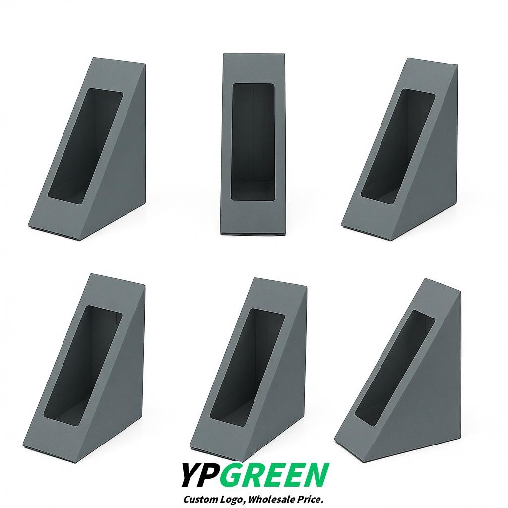 Aurora Gray Triangle Paper Sandwich Boxes with Window 4.7x4.7x2.6 Inch - Factory Direct