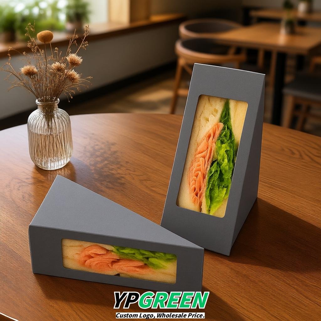 Aurora Gray Triangle Paper Sandwich Boxes with Window 4.7x4.7x2.6 Inch - Factory Direct