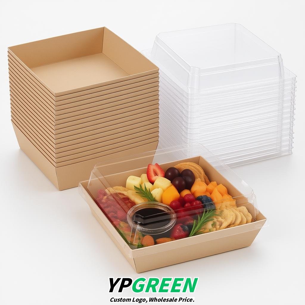 Beige Charcuterie Boxes with Clear Lids - 4 inches & 5 inches Disposable Paper Square Food Containers