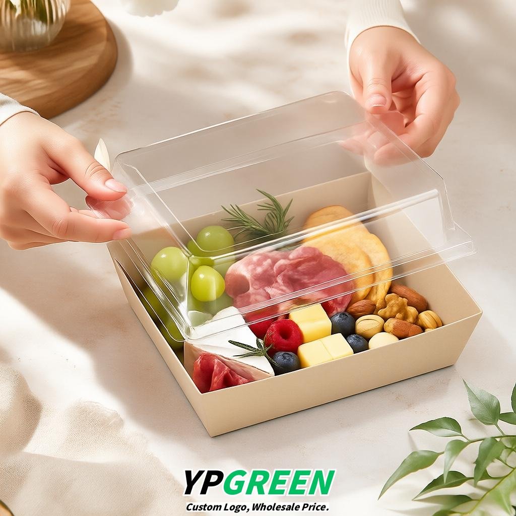 Beige Charcuterie Boxes with Clear Lids - 4 inches & 5 inches Disposable Paper Square Food Containers