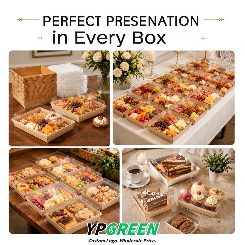 Beige Charcuterie Boxes with Clear Lids - 4 inches & 5 inches Disposable Paper Square Food Containers