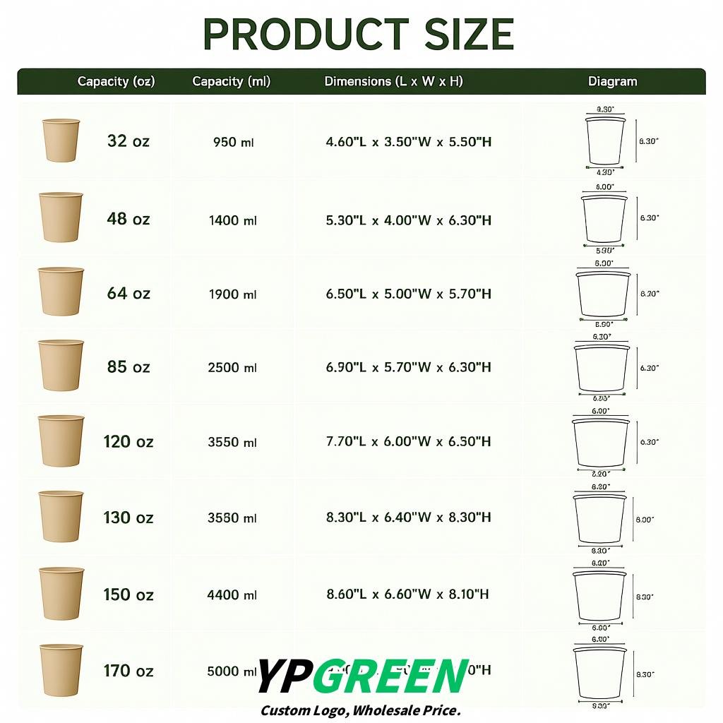 Beige 85 oz Paper Buckets 6.9x5.7x6.3 Inches Cardboard Food Container