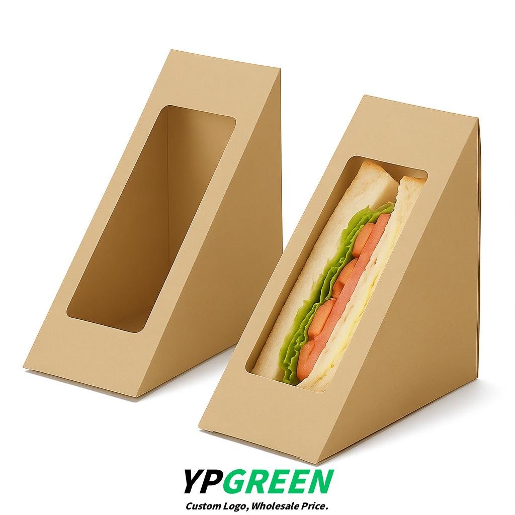 Beige Triangle Paper Sandwich Boxes with Window 4.7x4.7x2.6 Inch - Factory Direct
