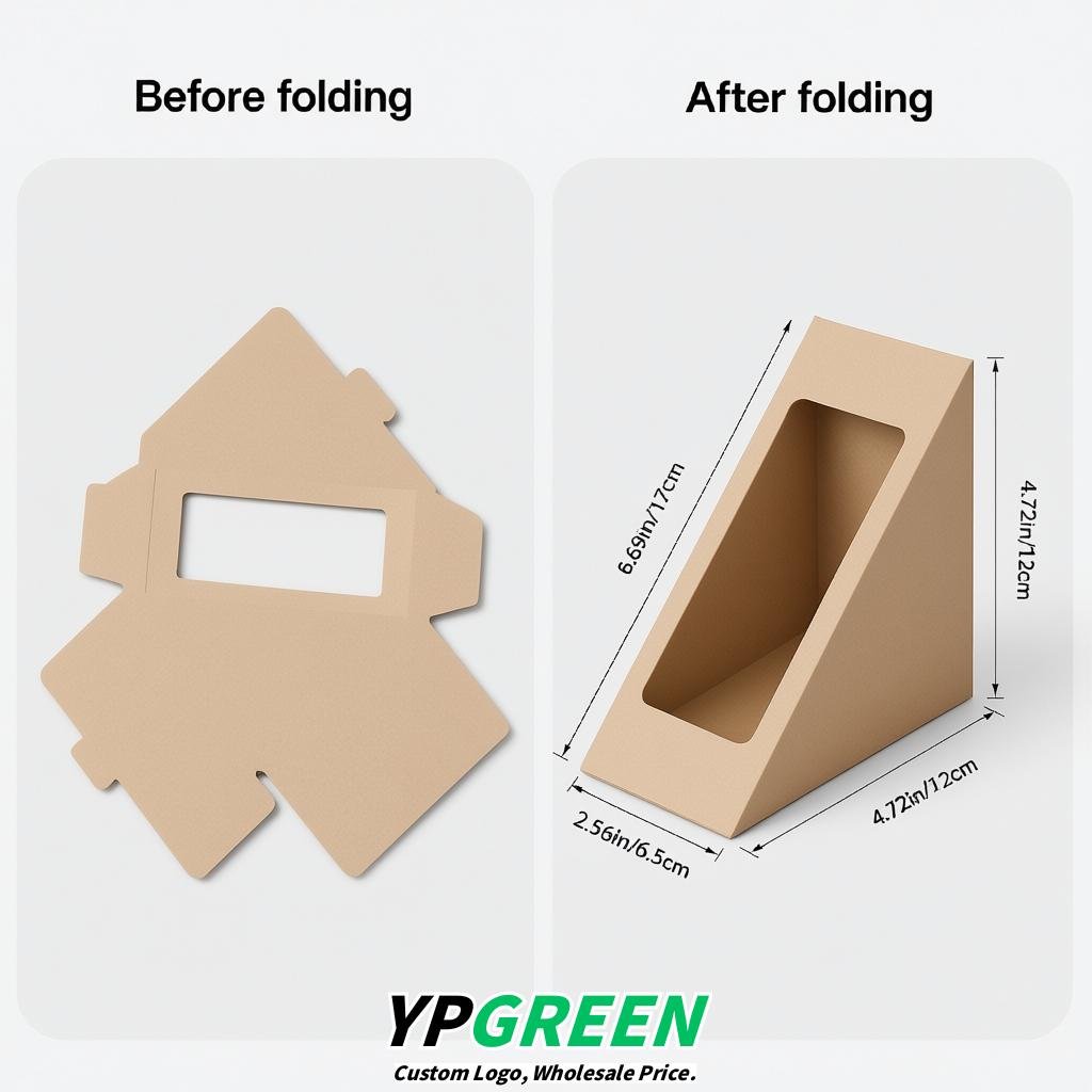 Beige Triangle Paper Sandwich Boxes with Window 4.7x4.7x2.6 Inch - Factory Direct