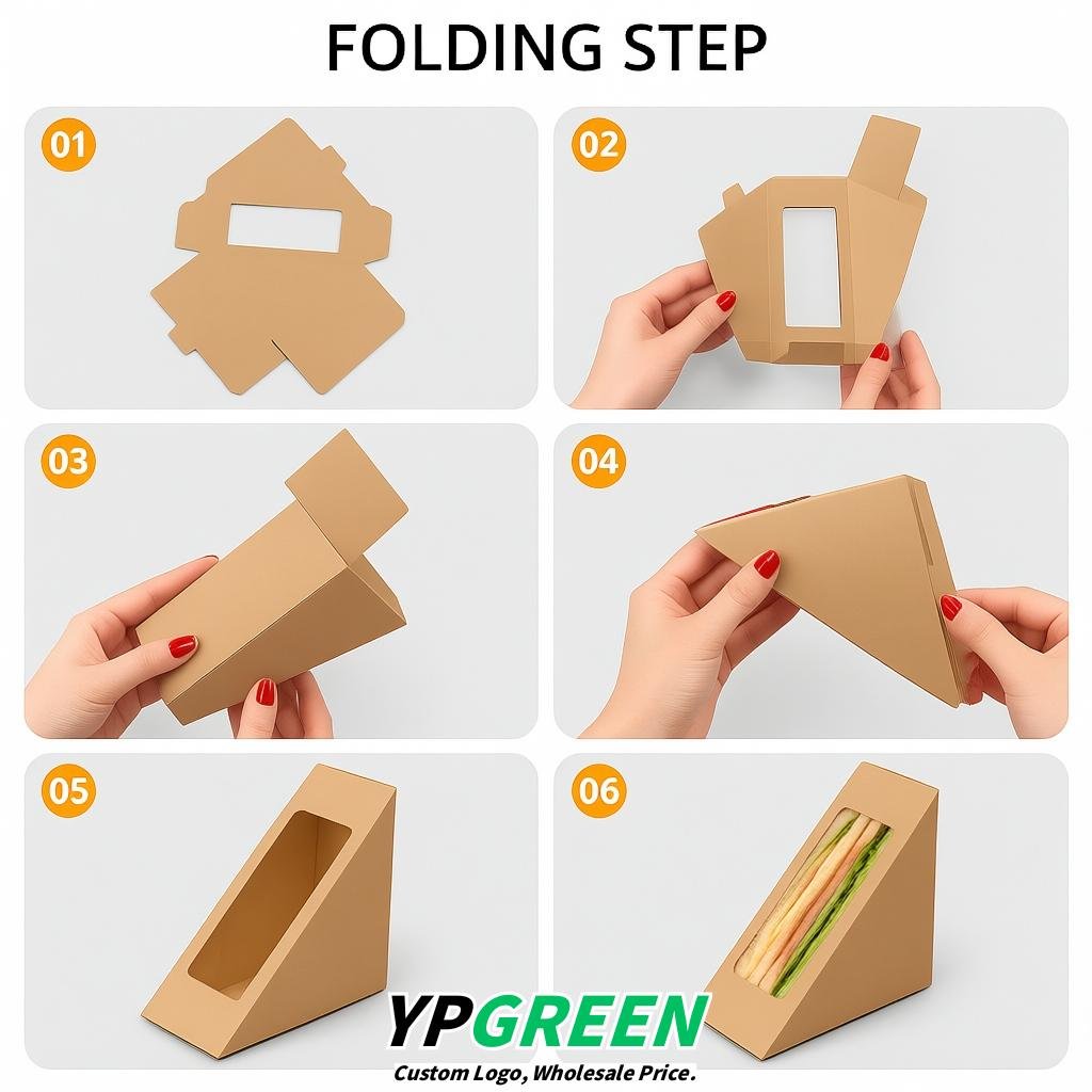 Beige Triangle Paper Sandwich Boxes with Window 4.7x4.7x2.6 Inch - Factory Direct