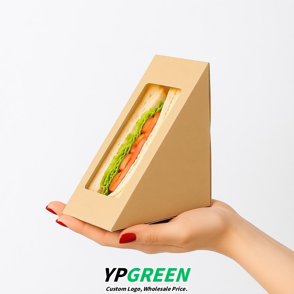 Beige Triangle Paper Sandwich Boxes with Window 4.7x4.7x2.6 Inch - Factory Direct