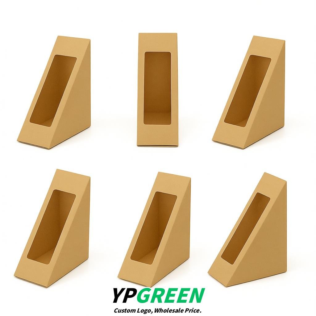Beige Triangle Paper Sandwich Boxes with Window 4.7x4.7x2.6 Inch - Factory Direct