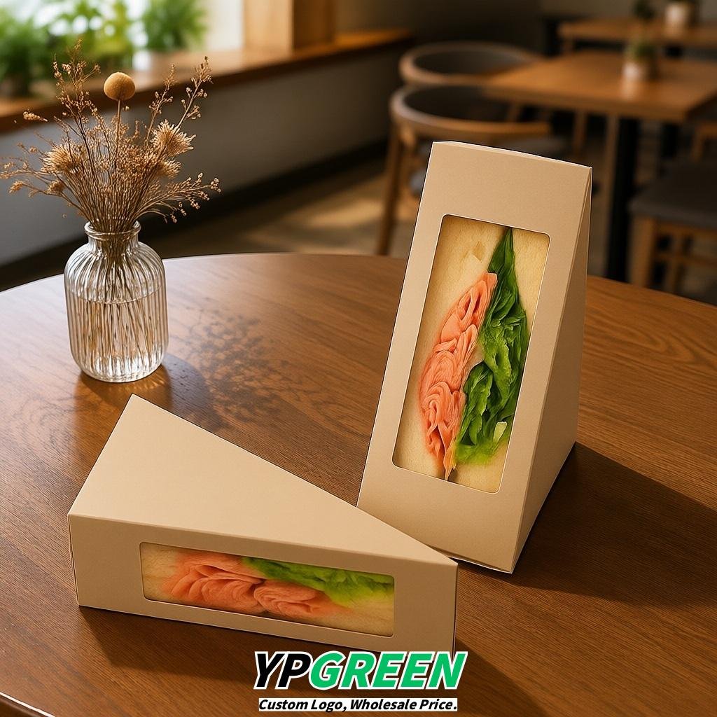 Beige Triangle Paper Sandwich Boxes with Window 4.7x4.7x2.6 Inch - Factory Direct