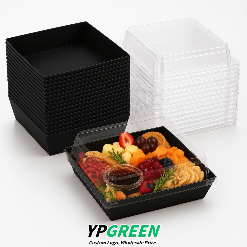 Black Charcuterie Boxes with Clear Lids - 4 inches & 5 inches Disposable Paper Square Food Containers