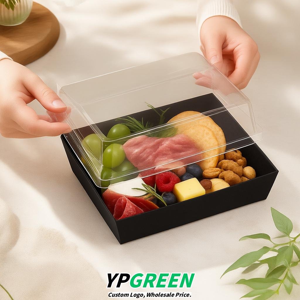 Black Charcuterie Boxes with Clear Lids - 4 inches & 5 inches Disposable Paper Square Food Containers