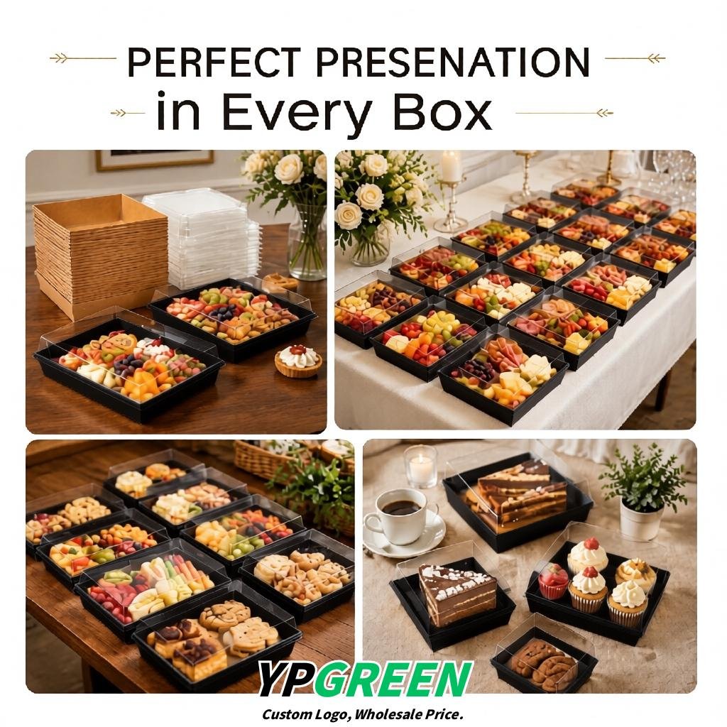 Black Charcuterie Boxes with Clear Lids - 4 inches & 5 inches Disposable Paper Square Food Containers