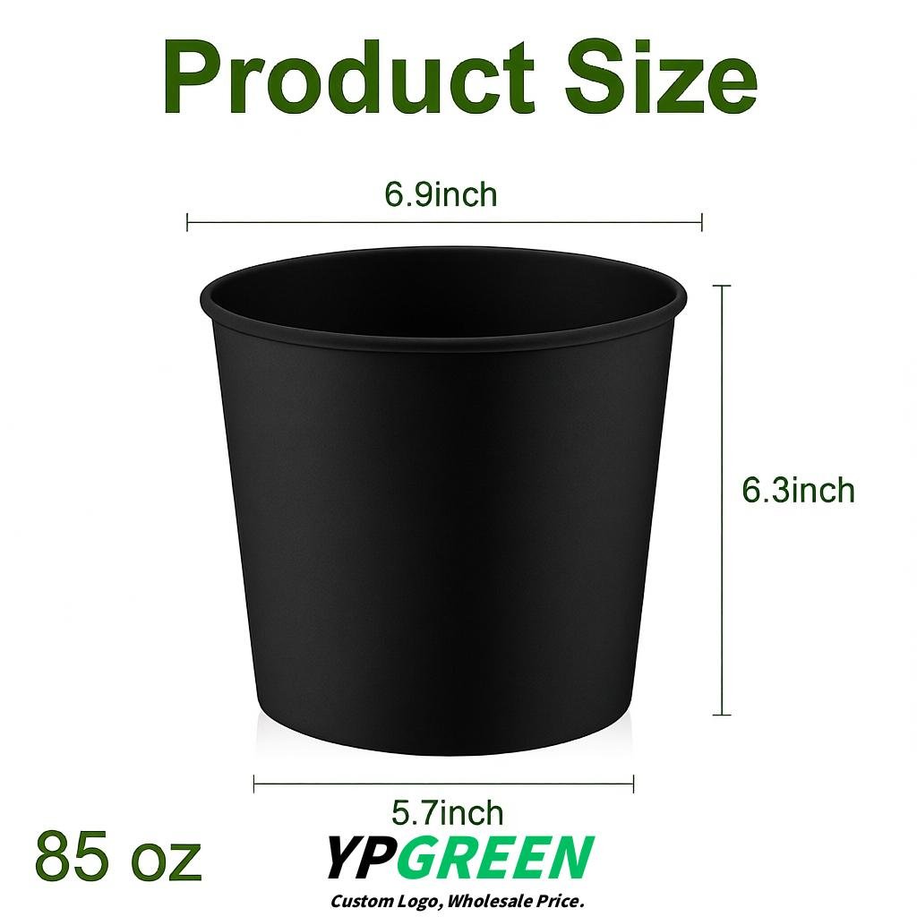Black 85 oz Paper Buckets 6.9x5.7x6.3 Inches Cardboard Food Container