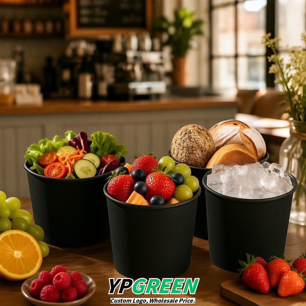 Black 85 oz Paper Buckets 6.9x5.7x6.3 Inches Cardboard Food Container