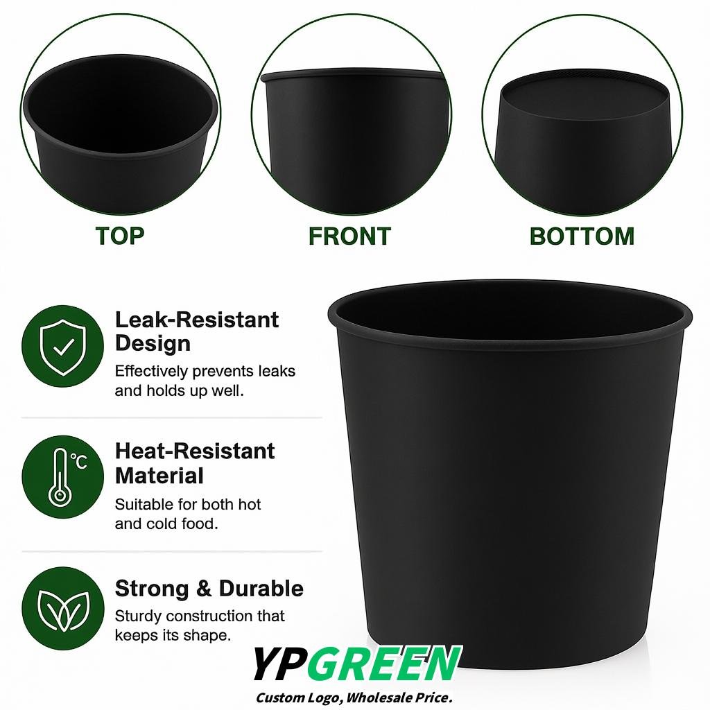 Black 85 oz Paper Buckets 6.9x5.7x6.3 Inches Cardboard Food Container