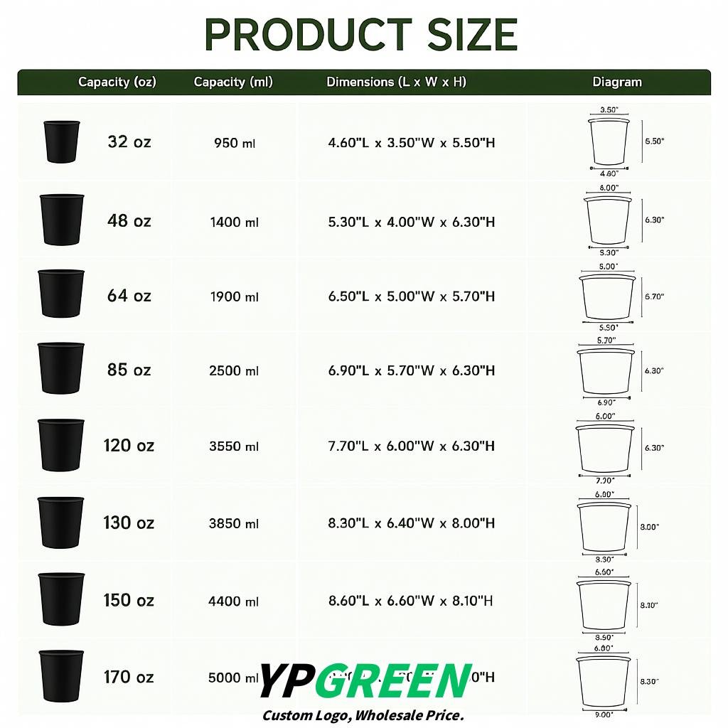 Black 85 oz Paper Buckets 6.9x5.7x6.3 Inches Cardboard Food Container
