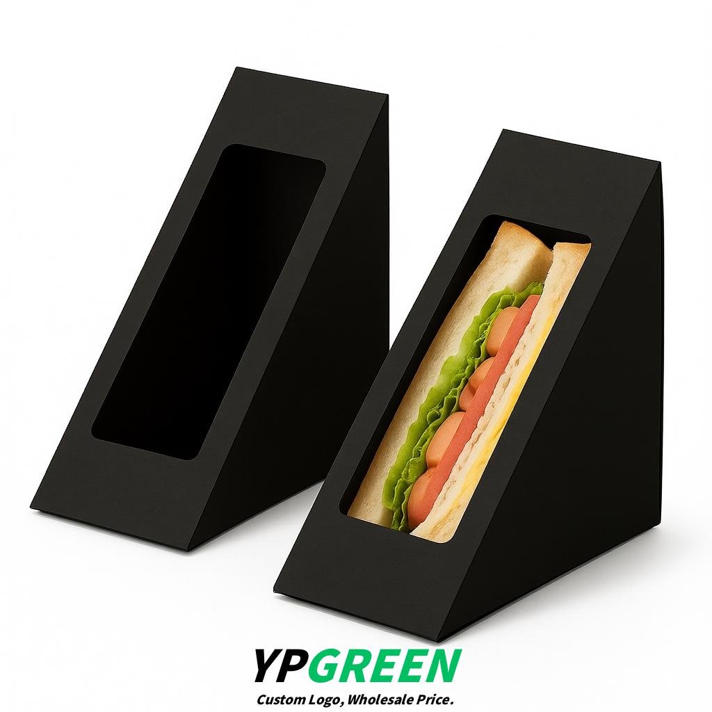 Black Triangle Paper Sandwich Boxes with Window 4.7x4.7x2.6 Inch - Factory Direct