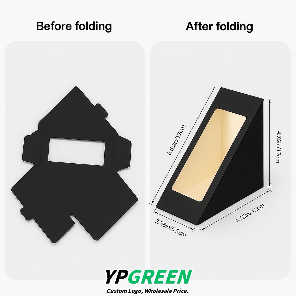 Black Triangle Paper Sandwich Boxes with Window 4.7x4.7x2.6 Inch - Factory Direct