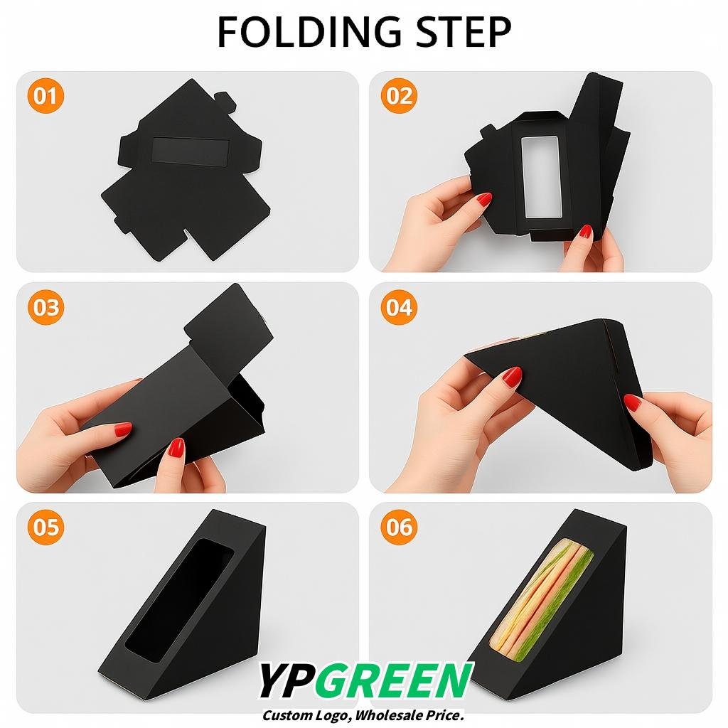 Black Triangle Paper Sandwich Boxes with Window 4.7x4.7x2.6 Inch - Factory Direct