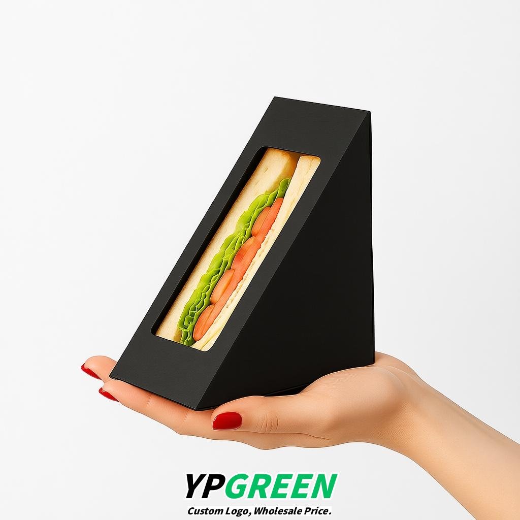 Black Triangle Paper Sandwich Boxes with Window 4.7x4.7x2.6 Inch - Factory Direct