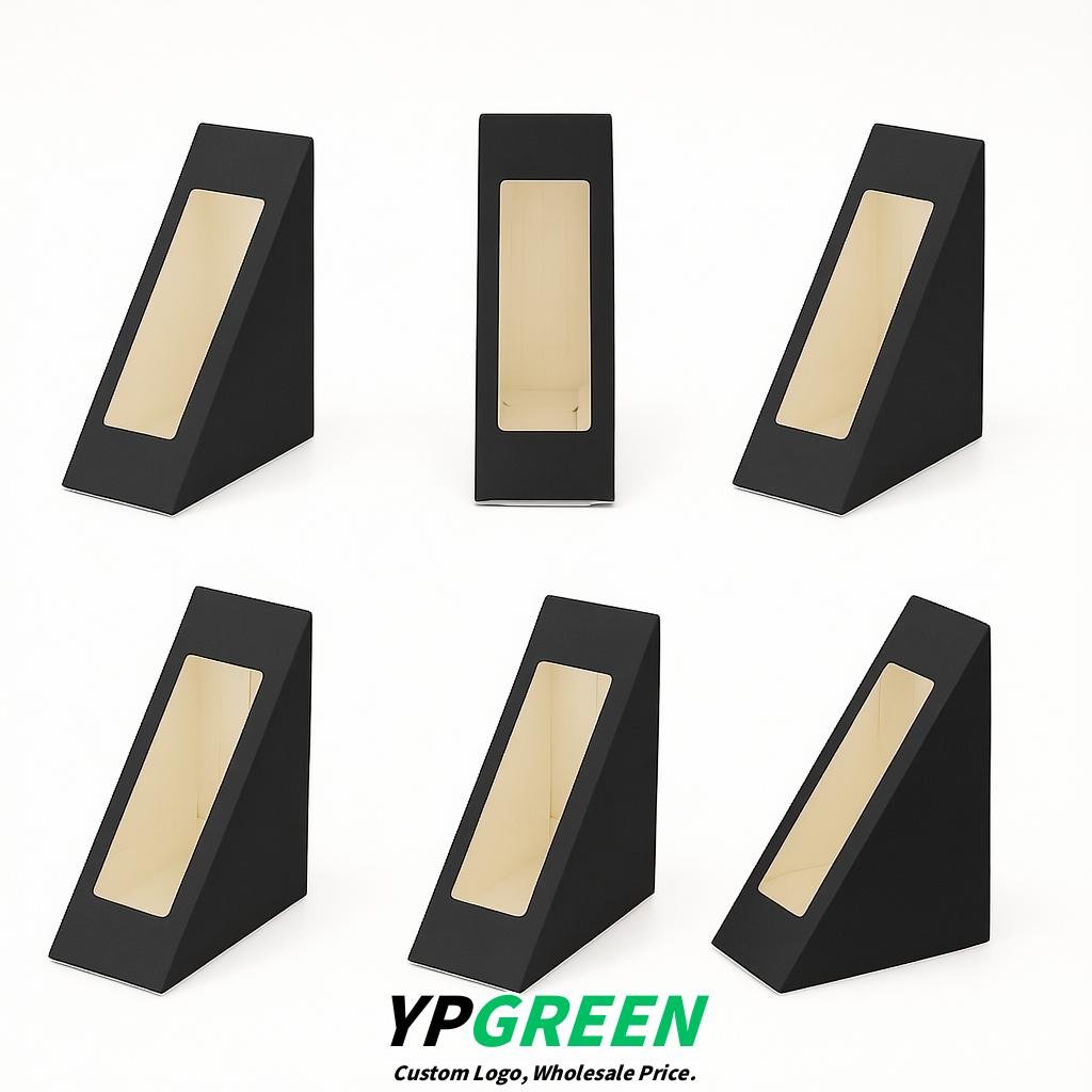 Black Triangle Paper Sandwich Boxes with Window 4.7x4.7x2.6 Inch - Factory Direct