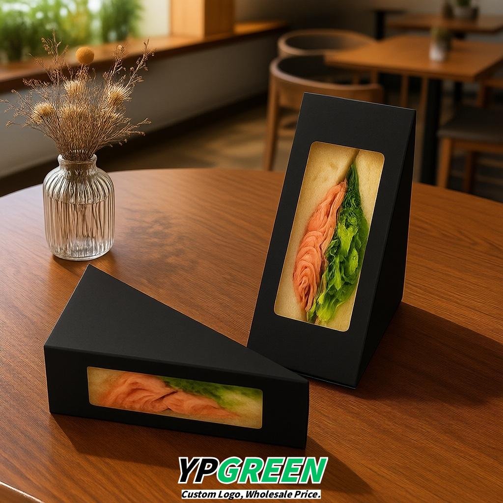 Black Triangle Paper Sandwich Boxes with Window 4.7x4.7x2.6 Inch - Factory Direct
