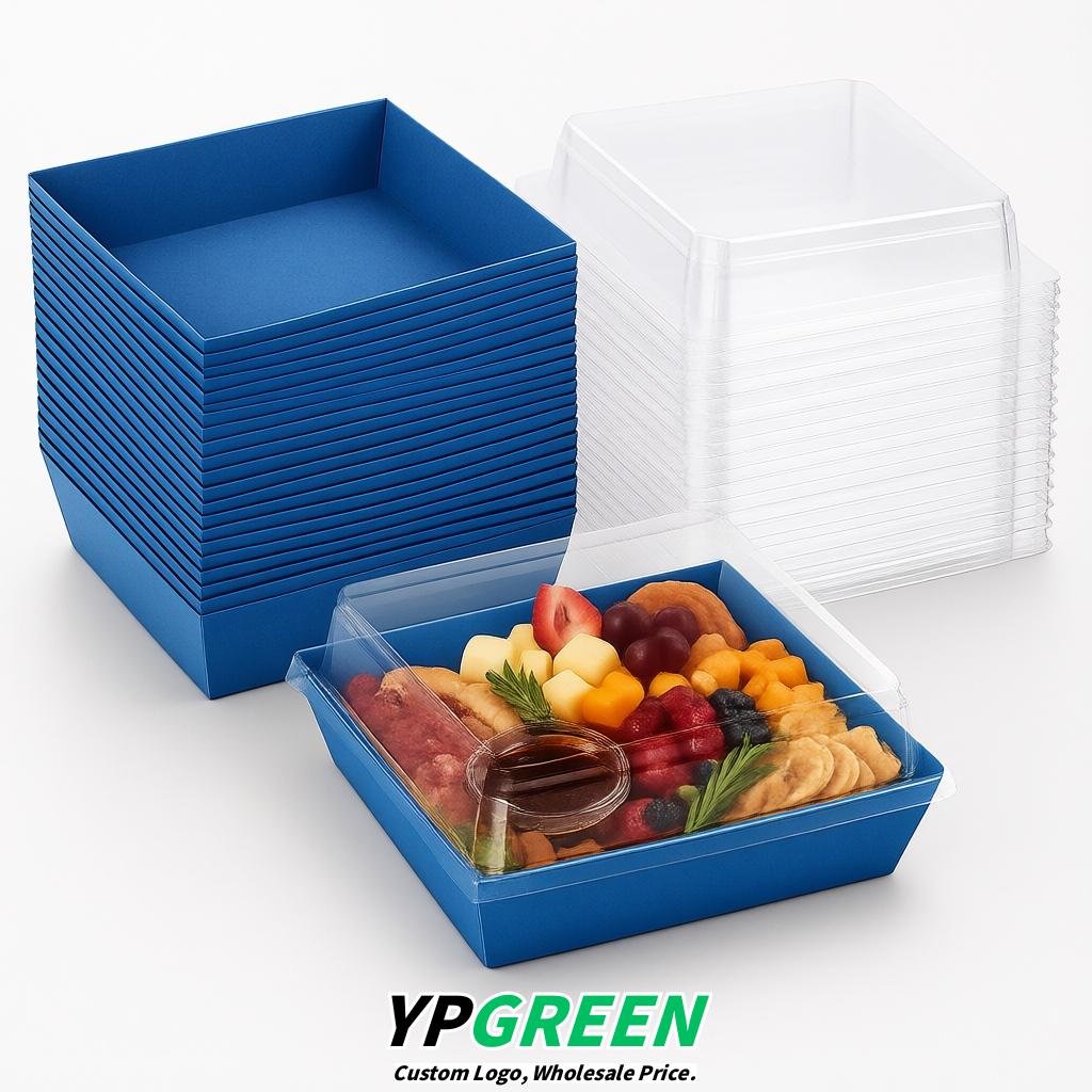 Blue Charcuterie Boxes with Clear Lids - 4 inches & 5 inches Disposable Paper Square Food Containers