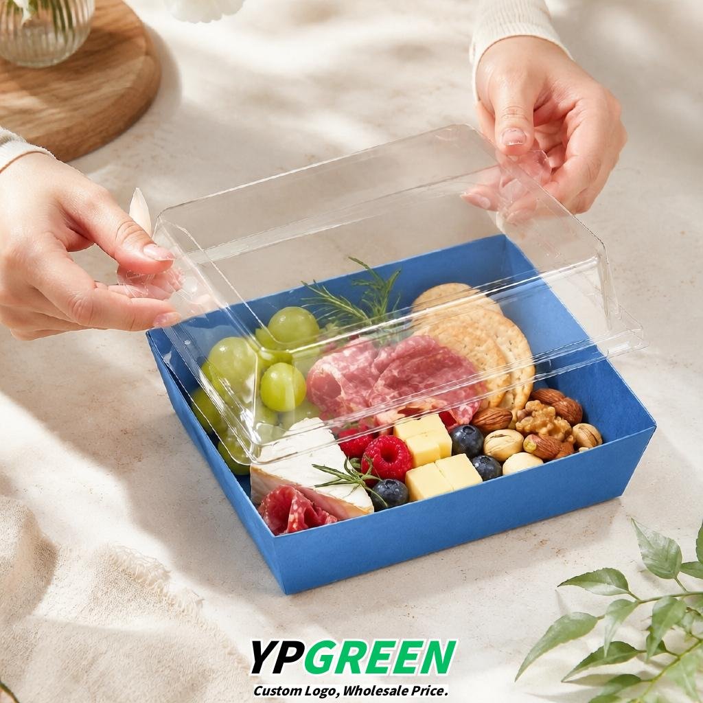 Blue Charcuterie Boxes with Clear Lids - 4 inches & 5 inches Disposable Paper Square Food Containers