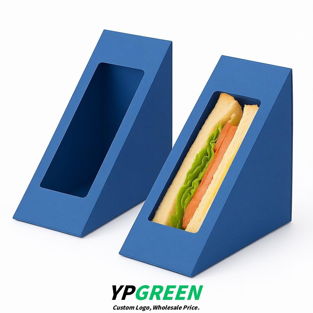 Blue Triangle Paper Sandwich Boxes with Window 4.7x4.7x2.6 Inch - Factory Direct
