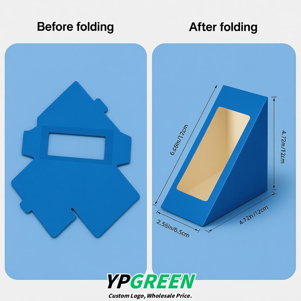 Blue Triangle Paper Sandwich Boxes with Window 4.7x4.7x2.6 Inch - Factory Direct