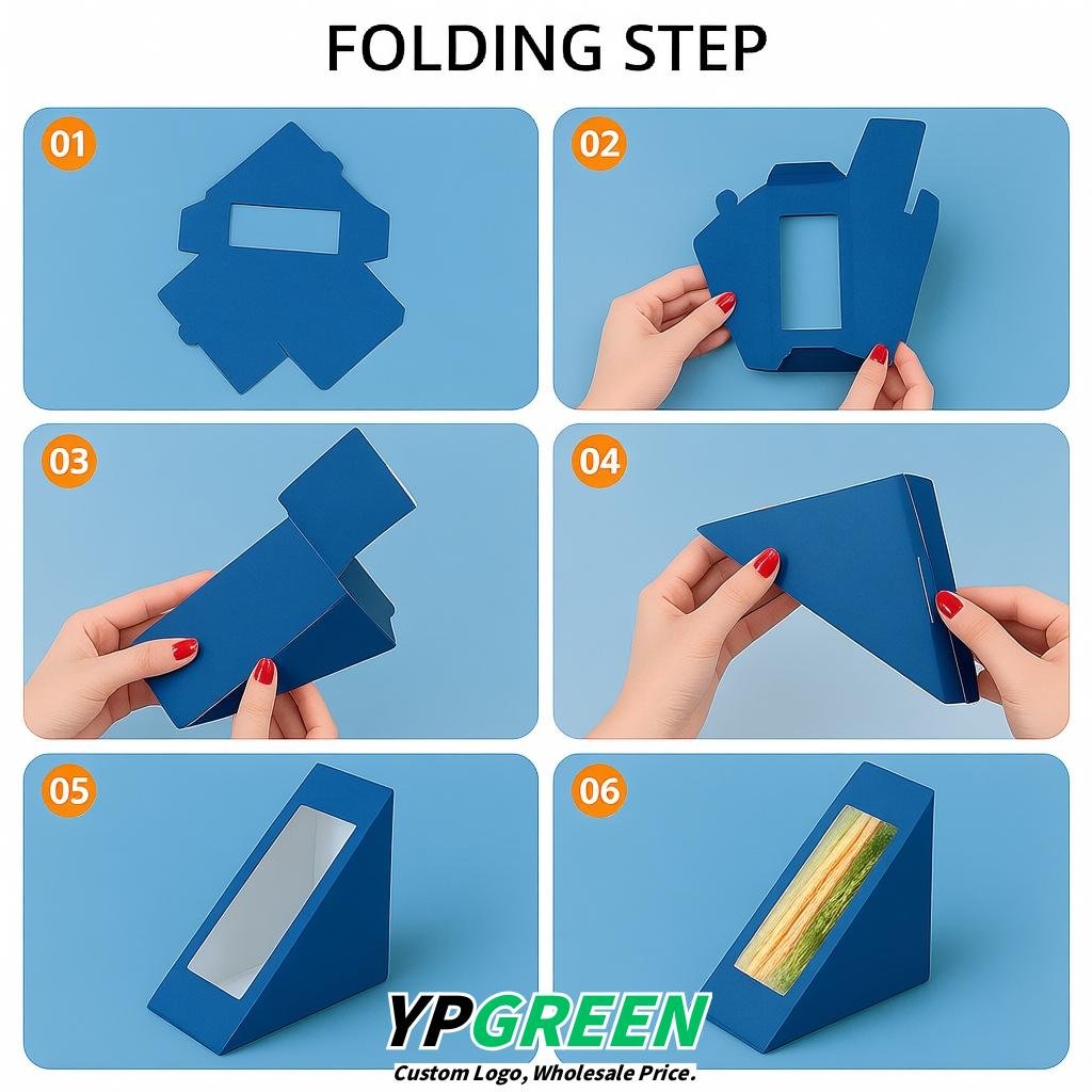 Blue Triangle Paper Sandwich Boxes with Window 4.7x4.7x2.6 Inch - Factory Direct