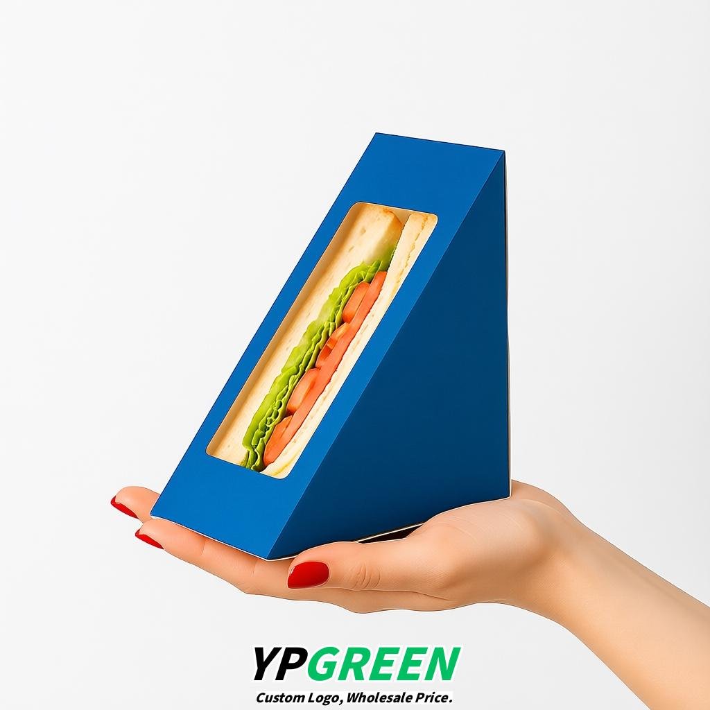 Blue Triangle Paper Sandwich Boxes with Window 4.7x4.7x2.6 Inch - Factory Direct
