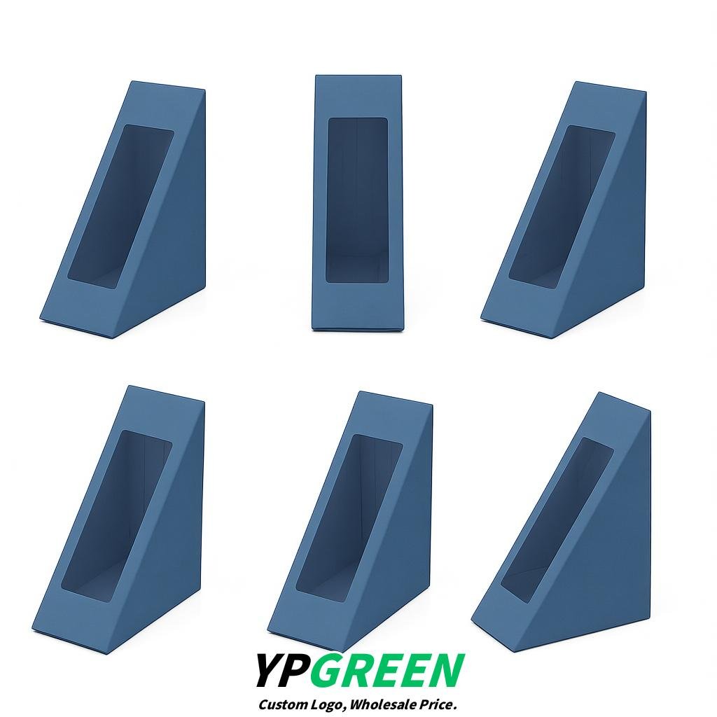 Blue Triangle Paper Sandwich Boxes with Window 4.7x4.7x2.6 Inch - Factory Direct
