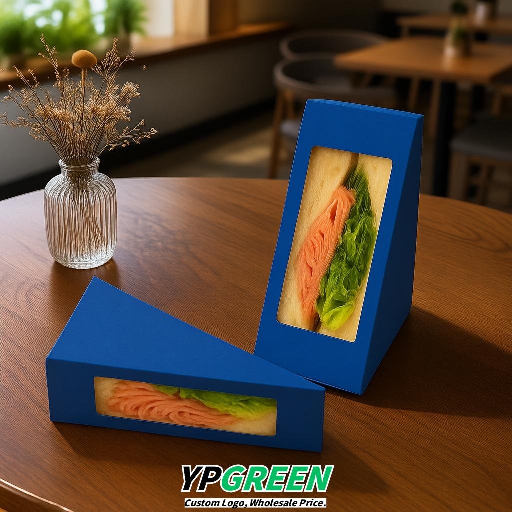 Blue Triangle Paper Sandwich Boxes with Window 4.7x4.7x2.6 Inch - Factory Direct