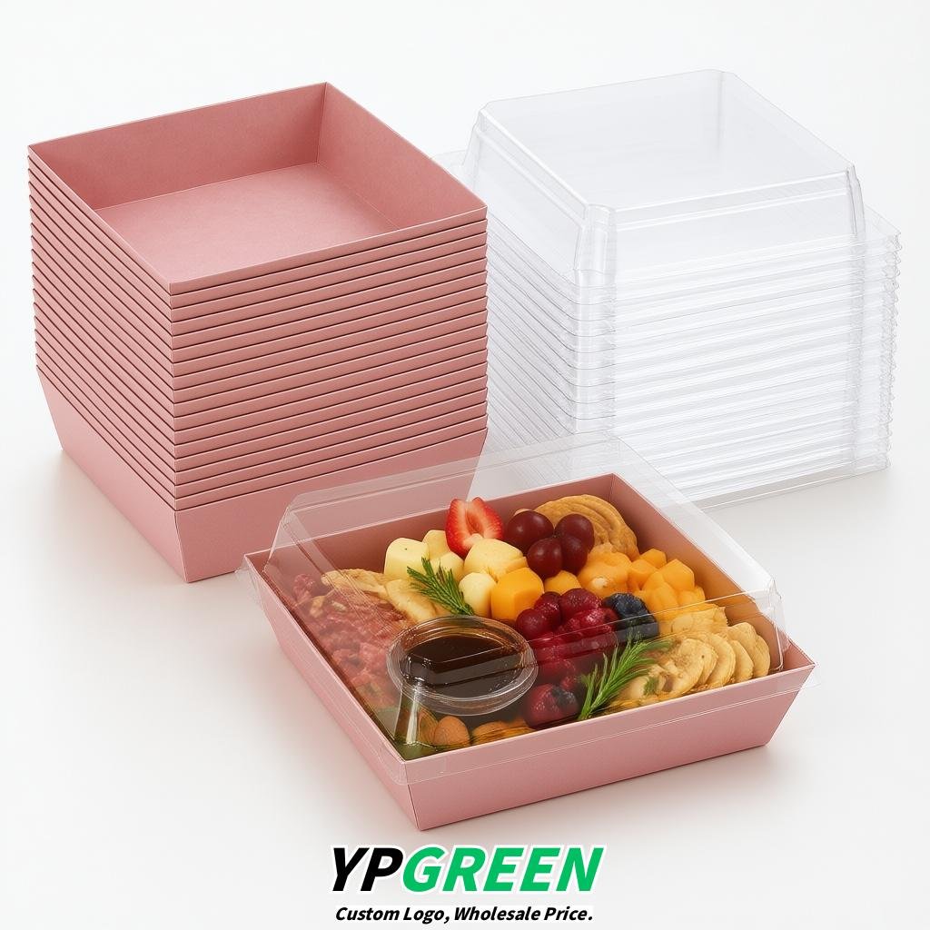 Blush Charcuterie Boxes with Clear Lids - 4 inches & 5 inches Disposable Paper Square Food Containers