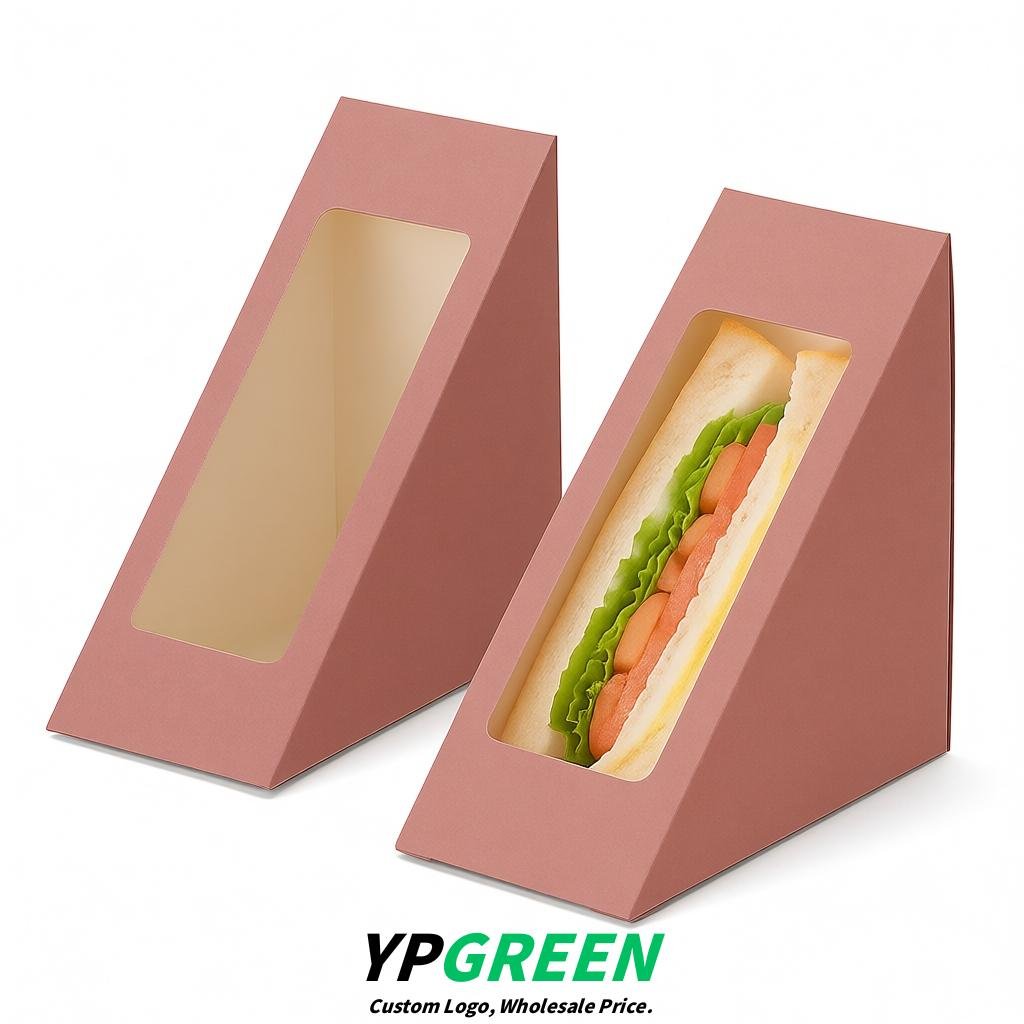 Blush Triangle Paper Sandwich Boxes with Window 4.7x4.7x2.6 Inch - Factory Direct