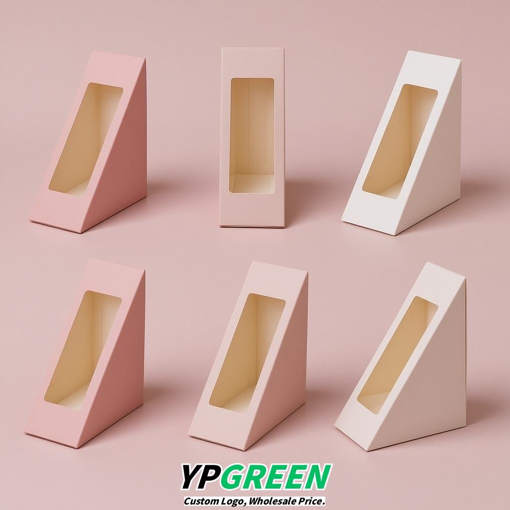 Blush Triangle Paper Sandwich Boxes with Window 4.7x4.7x2.6 Inch - Factory Direct