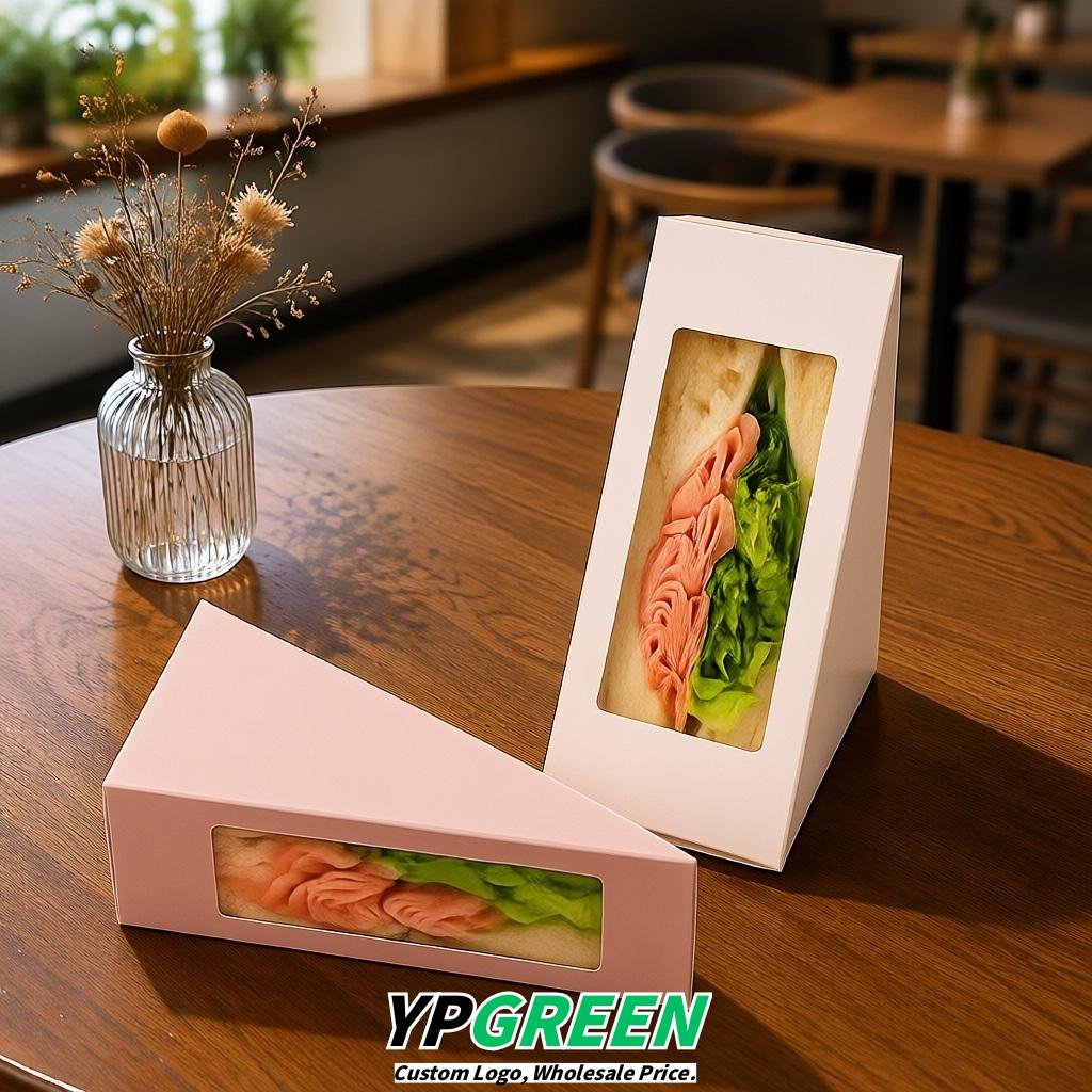 Blush Triangle Paper Sandwich Boxes with Window 4.7x4.7x2.6 Inch - Factory Direct