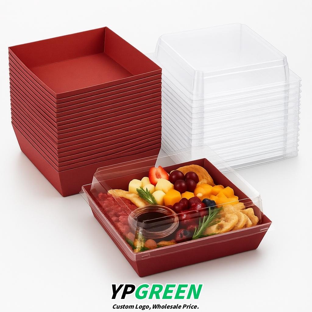 Brick Red Charcuterie Boxes with Clear Lids - 4 inches & 5 inches Disposable Paper Square Food Containers