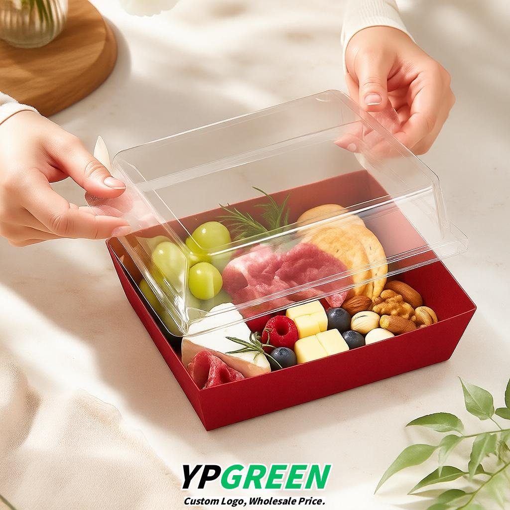 Brick Red Charcuterie Boxes with Clear Lids - 4 inches & 5 inches Disposable Paper Square Food Containers